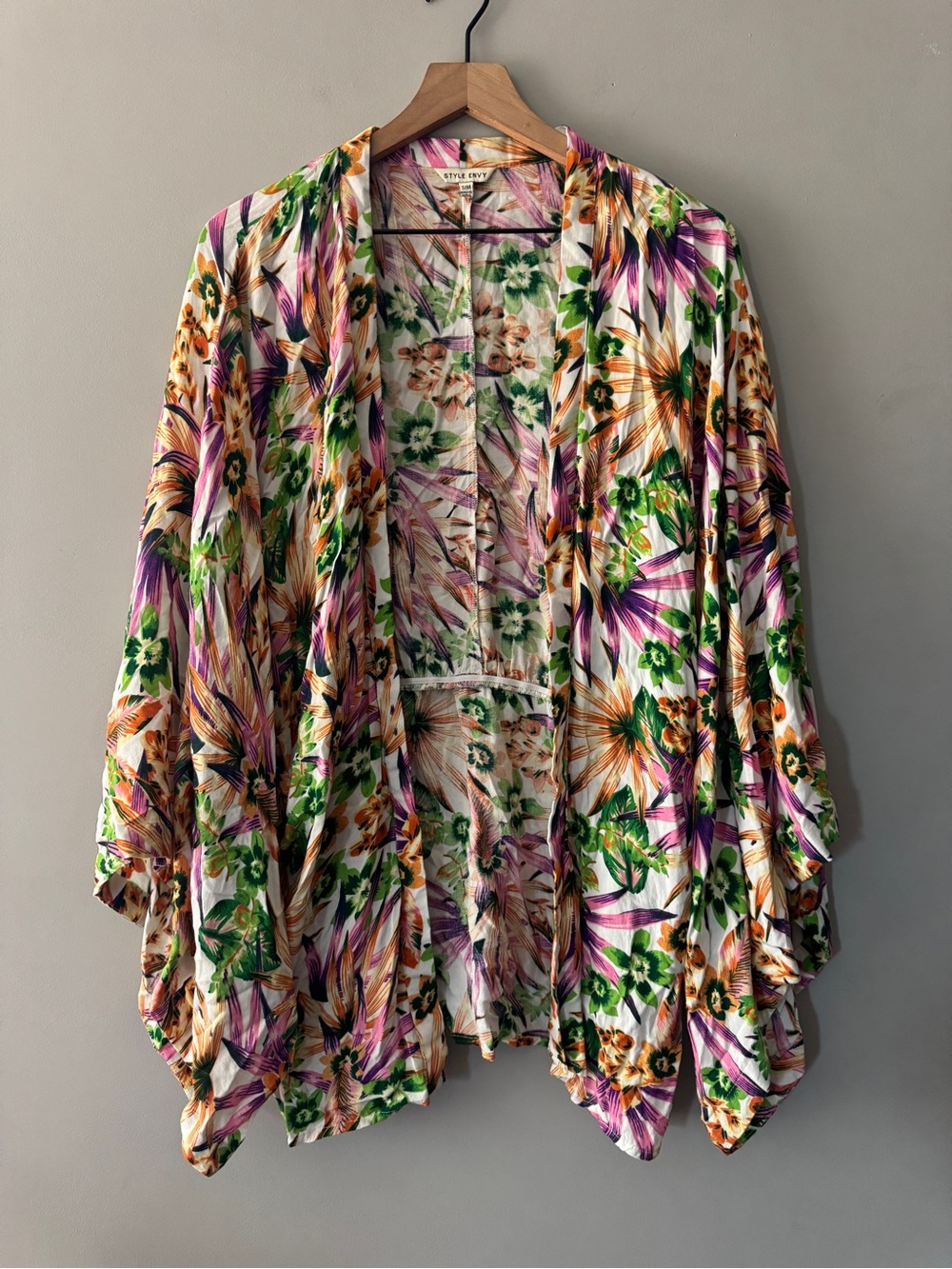 Style Envy Floral Print Open-Front Kimono — Purple, Green, Orange, Cream